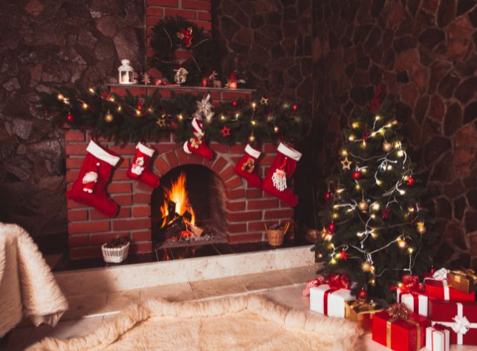Decorar la chimenea con calcetines de Navidad