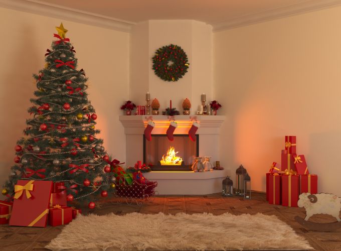 Decoración chimenea de navidad con árbol navideño