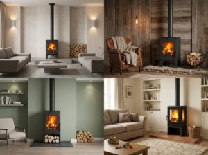 Sélection de quatre poêles à bois Panadero dans quatre espaces de maison différents