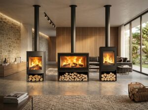 Sélection de trois poêles à bois inspirés des styles Panadero dans un intérieur chaleureux et élégant