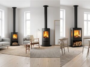 Comparatif de poêles à bois scandinaves noirs dans un showroom moderne avec modèles compacts, verticaux et panoramiques