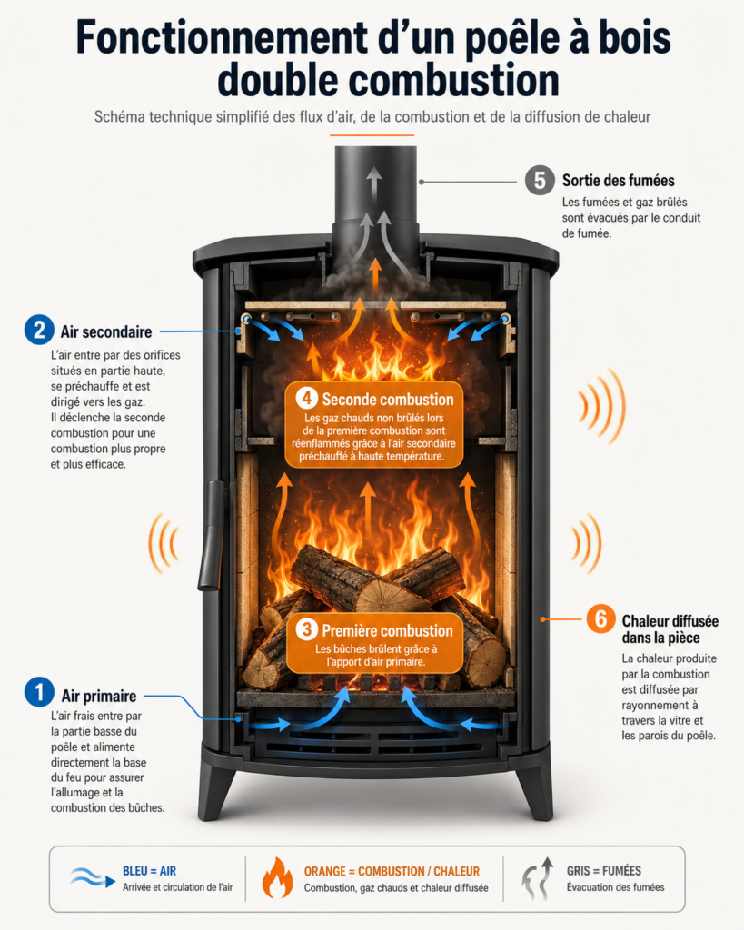 schema poele a bois double combustion air primaire secondaire